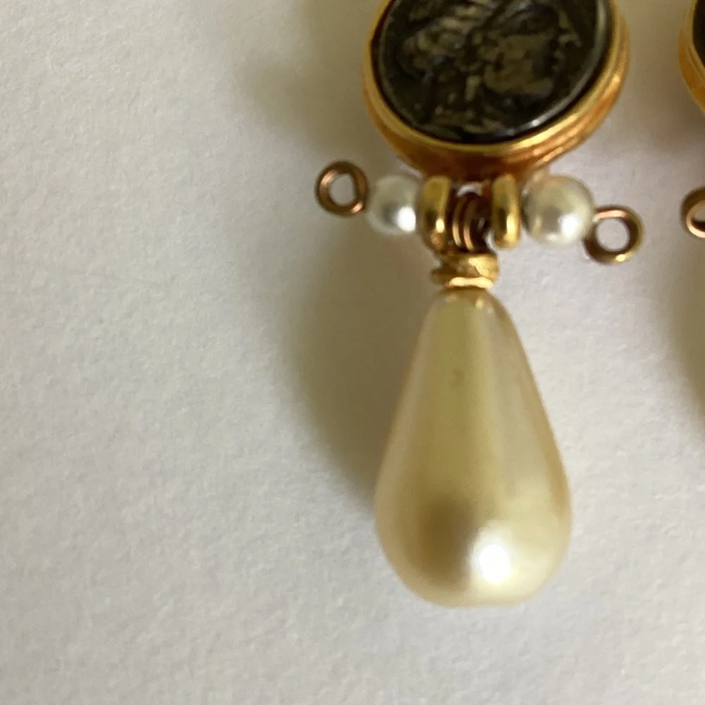Etruscan Style Coin Earrings Faux Pearl Stamped LM Intaglio Mobe Classic Gift